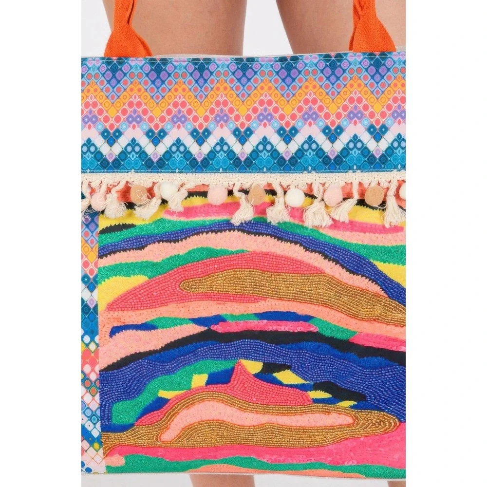Tote Bag Women OS Multicolor New Beaded‎ Tassel Pom Pom Boho Beach Bag